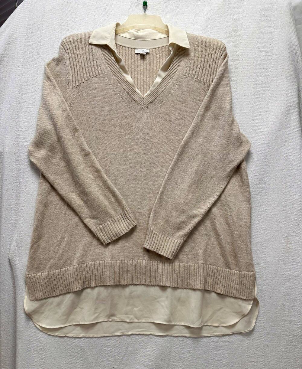 J. Jill Sweater Womens Size XL Beige/Ivory V-Neck Long Sleeve Knit Lightweight